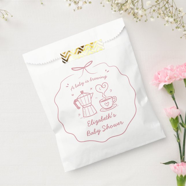 Pink Baby Is Brewing Coffee Baby Shower Favor Bag, Favour Bag (Sealed)