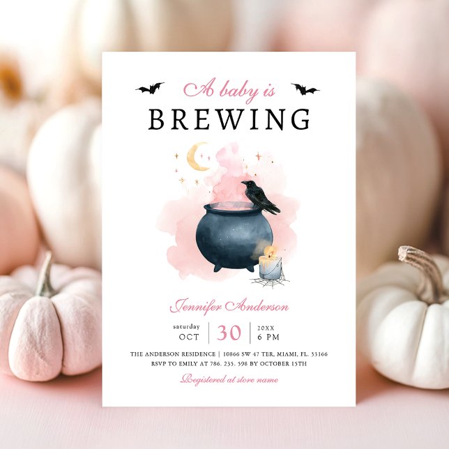 Pink Baby is Brewing Halloween Baby Shower  Invitation (Creator Uploaded)