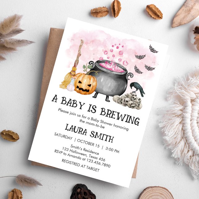Pink Baby is Brewing Halloween Baby Shower Invitation (Pink Baby is Brewing Halloween Baby Shower Invitation)