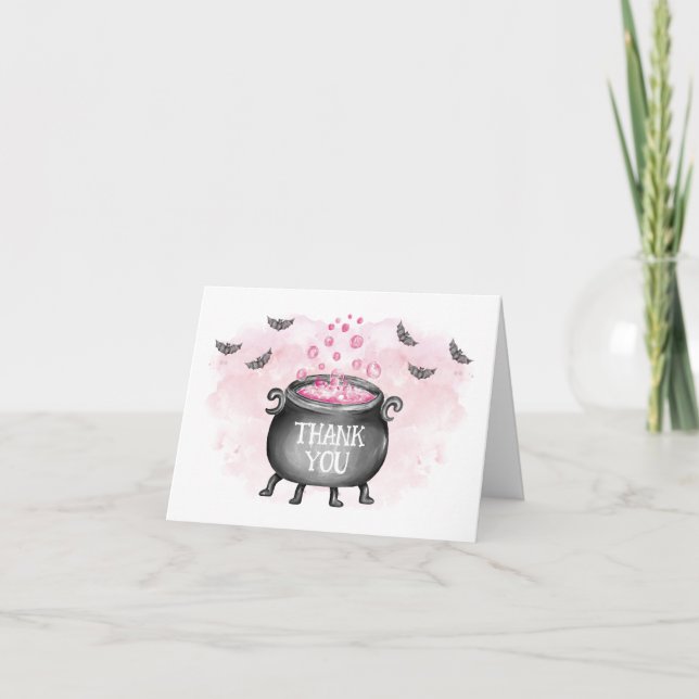 Pink Baby is Brewing Halloween Baby Shower Thank You Card (Front)