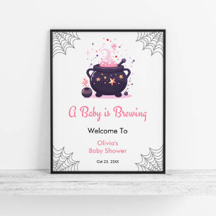 Pink Baby is Brewing Halloween Baby Shower Welcome Poster
