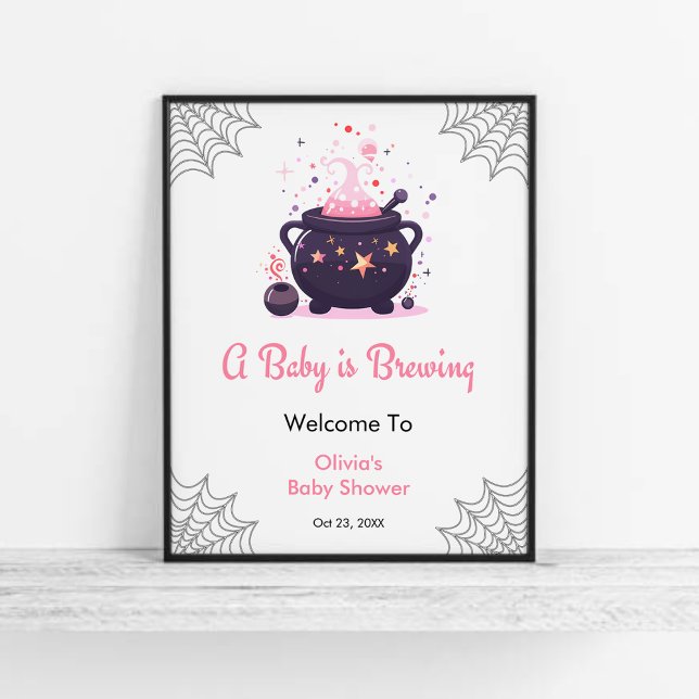 Pink Baby is Brewing Halloween Baby Shower Welcome Poster (Pink A Baby is Brewing Cauldron Halloween Girl Baby Shower Welcome Sign  )