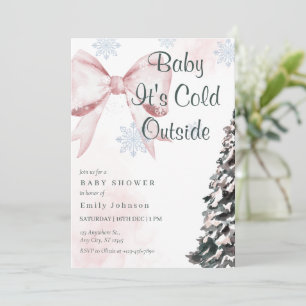 Pink Baby It's Cold Outside Bow Girl Baby Shower Invitation