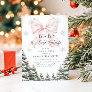 Pink Baby It's Cold Outside Bow Girl Baby Shower Invitation