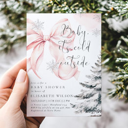 Pink Baby It's Cold Outside Bow Girl Baby Shower Invitation