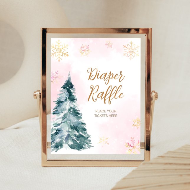 Pink Baby It's Cold Outside Diaper Raffle  Poster (Pink Gold Winter Cold Outside Baby Shower Diaper Raffle Sign)