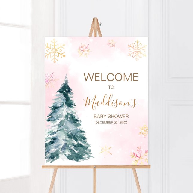 Pink Baby It's Cold Outside Welcome  Poster (Pink Gold Winter Cold Outside Baby Shower Welcome Sign)