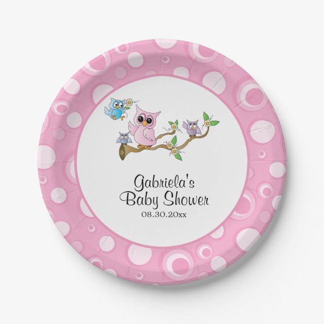 Pink Baby Owl Baby Shower Theme Paper Plate (Front)
