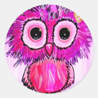 Pink baby owl girl watercolor bird painting art classic round sticker
