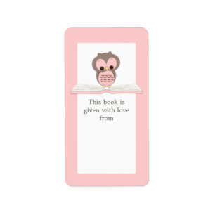 Pink Baby Owl on Book Gift Bookplate Label