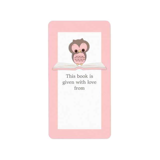 Pink Baby Owl on Book Gift Bookplate Label (Front)