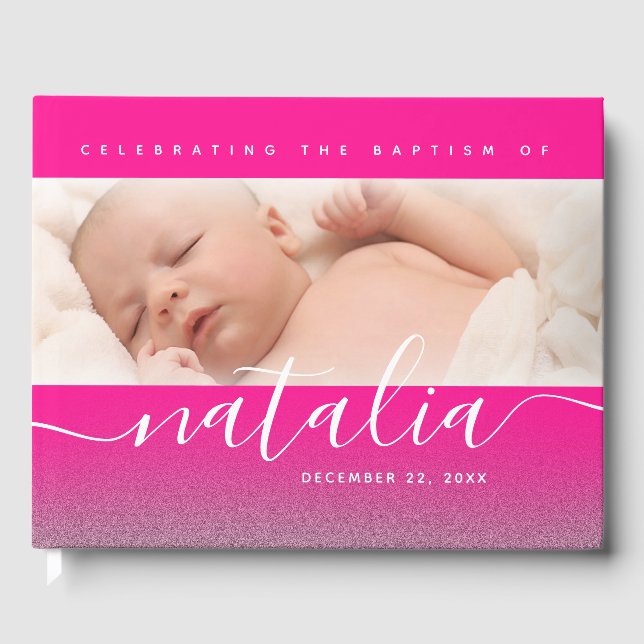 Pink Baby Photo Baptism Christening Cross Glitter Guest Book (Front)