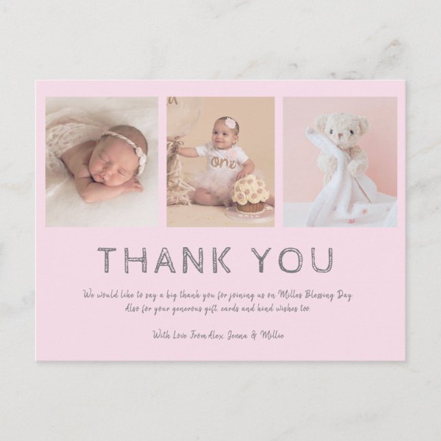 Pink baby photo thank you cards, baptism/girls postcard (Front)