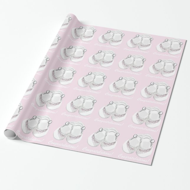Pink Baby Shoes Baby Shower Wrapping Paper (Unrolled)