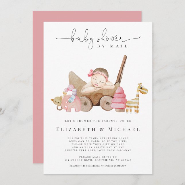 Pink Baby Shower By Mail Girl Boho Long Distance  Invitation (Front/Back)