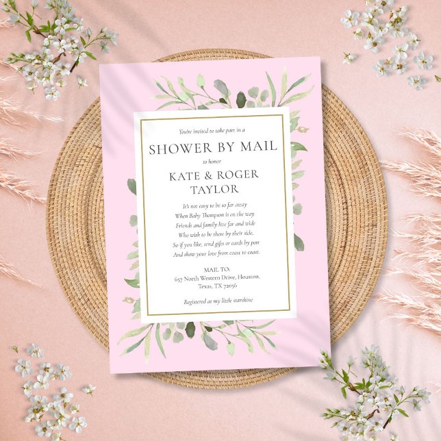 Pink Baby Shower By Mail Long Distance Greenery Invitation (Pink Baby Shower By Mail Long Distance Greenery Invitation)