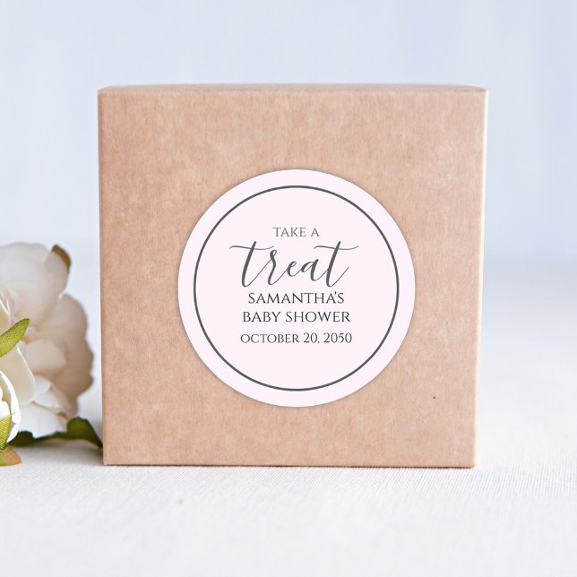 Pink Baby Shower Cute Calligraphy Script Treat Classic Round Sticker (Creator Uploaded)