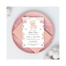 Pink Baby Shower Girl Teddy Bear Invitation