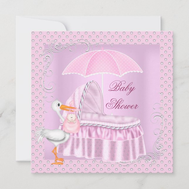 Pink Baby Shower Girl Umbrella Bassinette Invitation (Front)