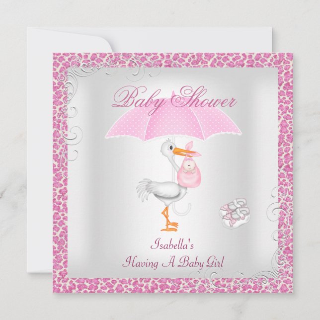 Pink Baby Shower Girl Umbrella Leopard Invitation (Front)
