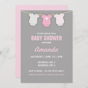 Pink Baby Shower Invitation, Clothesline Theme Invitation