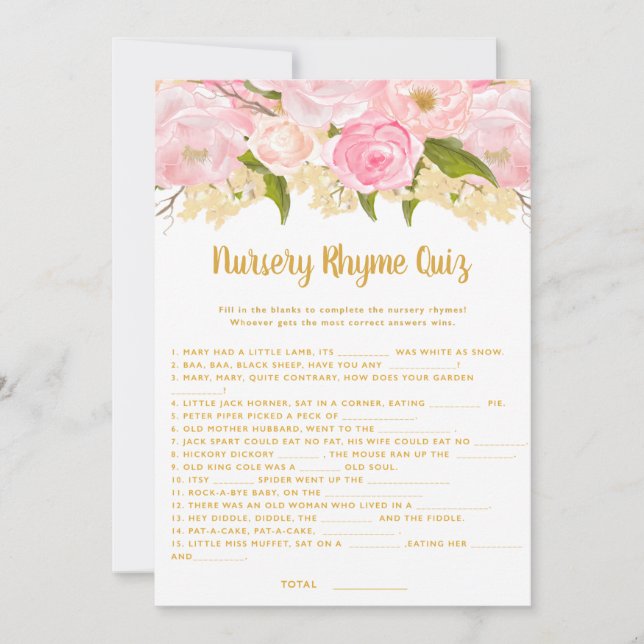 Pink Baby Shower Nursery Rhyme Quiz Game Cards (Front)