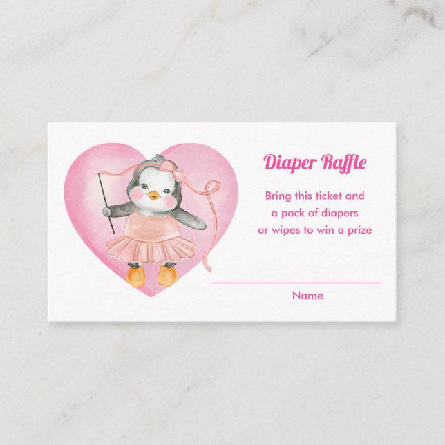 Pink Baby Shower Penguin Diaper Raffle Tickets Enclosure Card (Front)