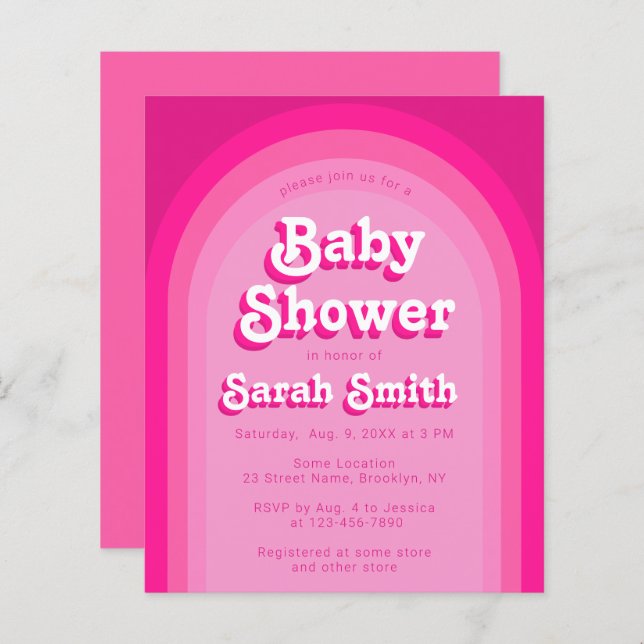 Pink Baby Shower Retro Arch Budget Girl Invitation (Front/Back)