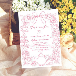 pink baby shower tea bow Hand Drawn coquette Invitation