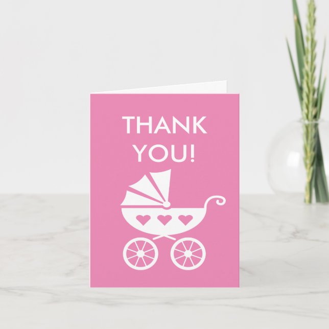 Pink baby shower thank you card with carriage pram (Front)