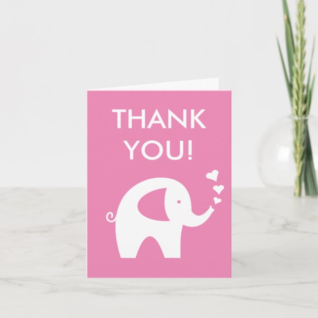 Pink baby shower thank you card with elephant (Front)