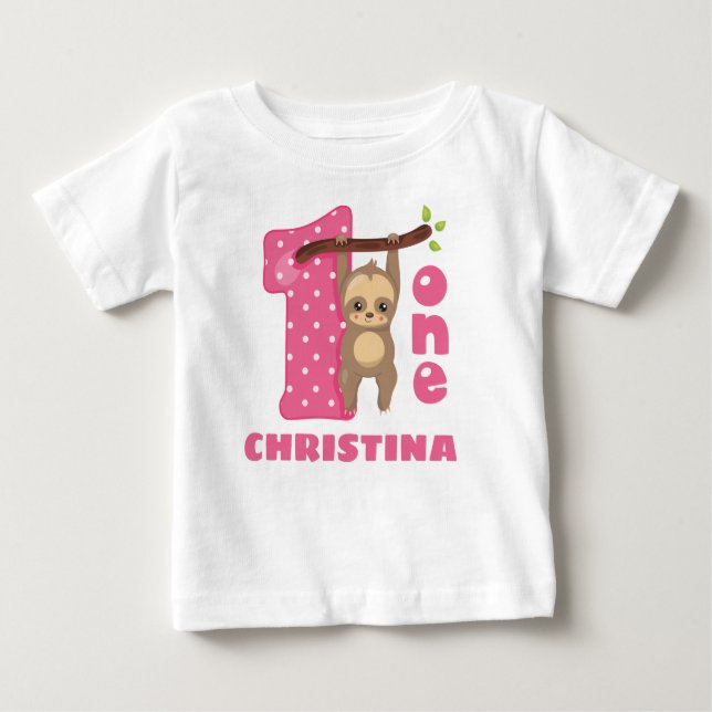 Pink Baby Sloth 1st Birthday Baby T-Shirt (Front)