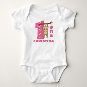 Pink Baby Sloth 1st Birthday Bodysuit