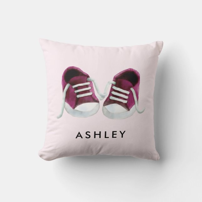 Pink Baby Sneakers Pillow, with Name, for Nursery Cushion (Front)