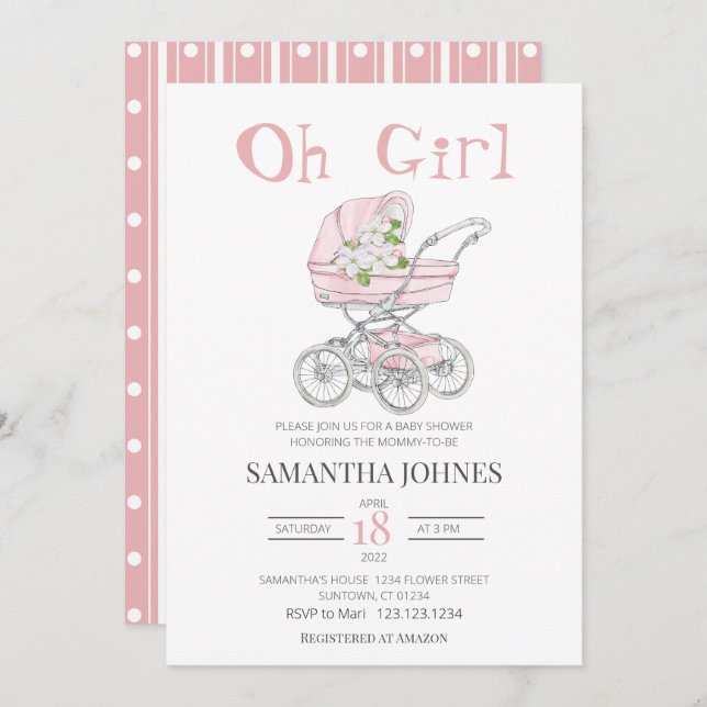  Pink baby stroller Blossom Baby Shower   Invitation (Front/Back)
