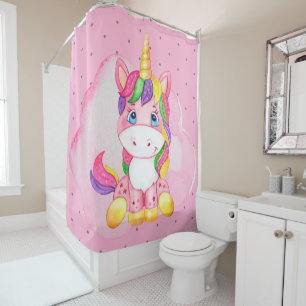 Pink Baby Unicorn on Cloud Shower Curtain