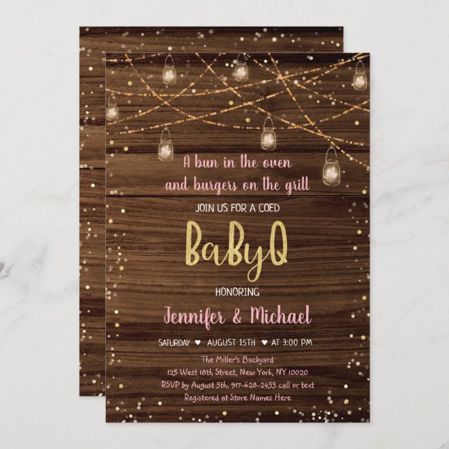 Pink BabyQ Rustic String Lights BBQ Baby Shower Invitation (Front/Back)