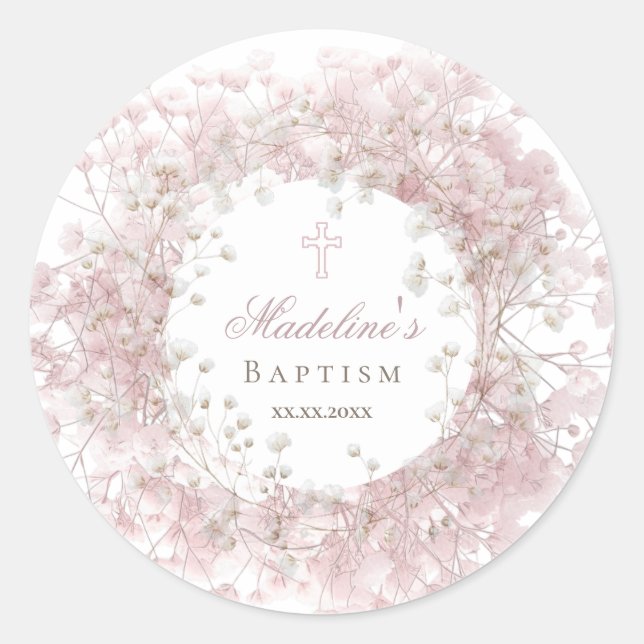 pink baby's breath Baptism Classic Round Sticker (Front)