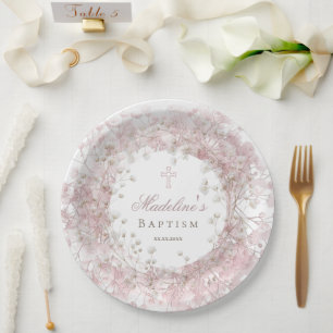 pink baby's breath Baptism Paper Plate