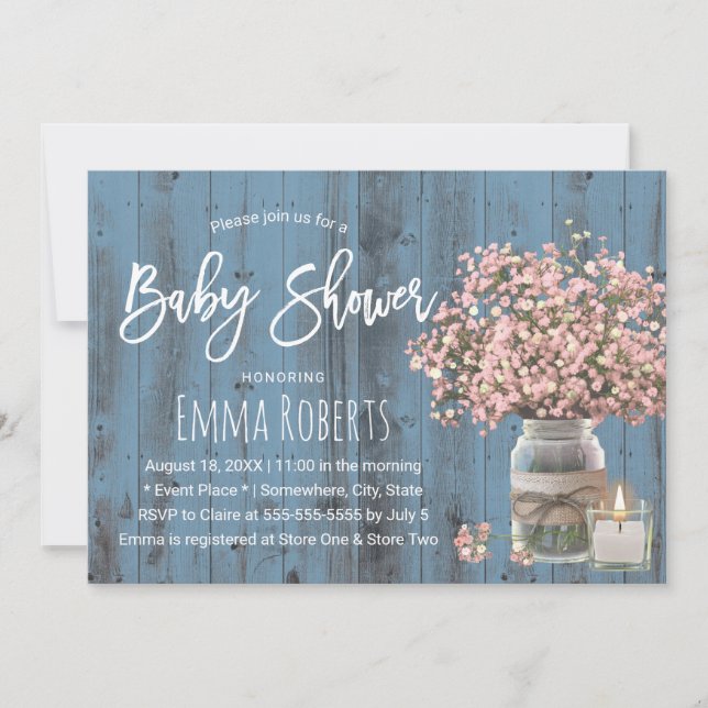Pink Baby's Breath & Candle Dusty Blue Baby Shower Invitation (Front)