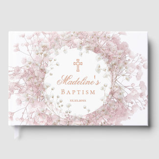 pink baby's breath flowers Baptism Guest Book