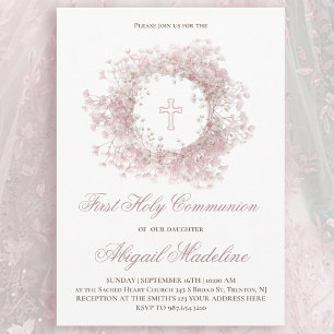 Pink Baby's Breath flowers First Holy Communion Invitation