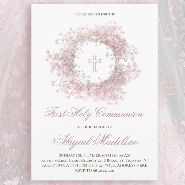 Pink Baby's Breath flowers First Holy Communion Invitation (Creator Uploaded)