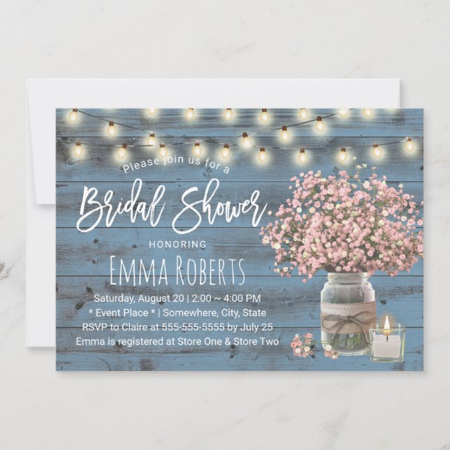 Pink Baby's Breath Jar Dusty Blue Bridal Shower Invitation (Front)