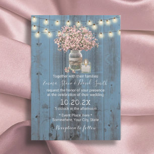 Pink Baby's Breath Jar Dusty Blue Rustic Wedding Invitation