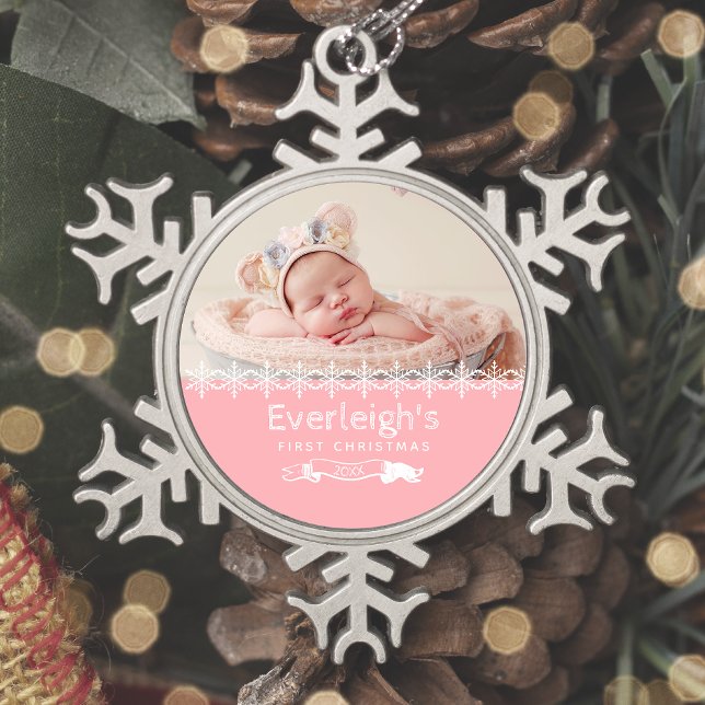 Pink Baby's First Christmas Keepsake Photo Snowflake Pewter Christmas Ornament (Creator Uploaded)