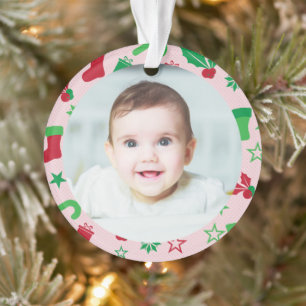 Pink Baby's First Christmas Photo Frame Holiday Ornament
