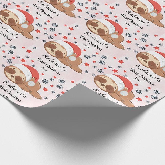 Pink Baby's Girl First Christmas Cute Sloths Wrapping Paper (Corner)