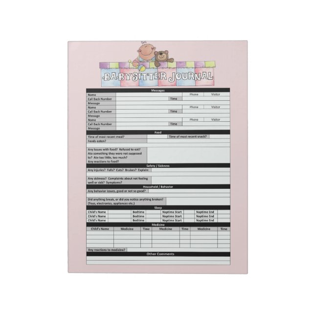 Pink Babysitters Journal Notepad (Rotated)