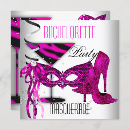 Pink Bachelorette Masquerade White High Heel Shoes Invitation